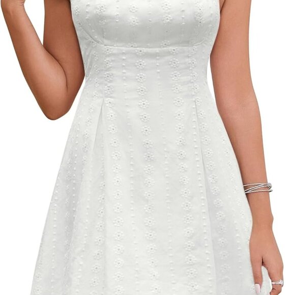 Women's White Cotton Mini Dress Square Neck Backless Bow Tie A-Line for Party - Picture 1 of 6